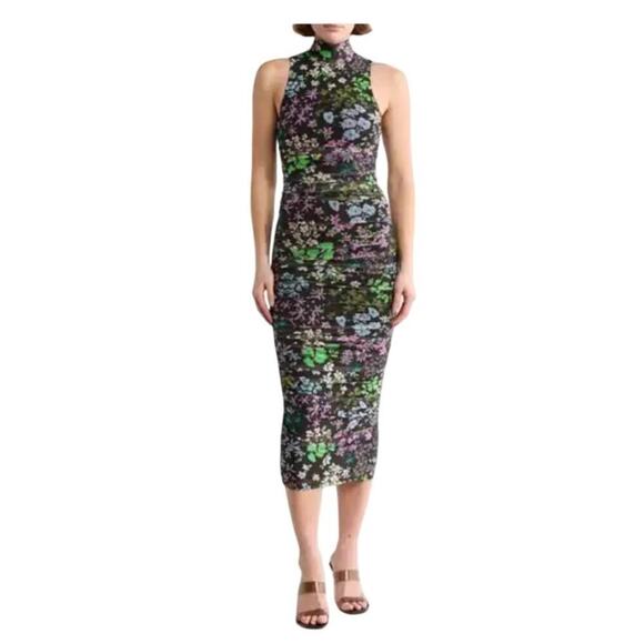 NEW Afrm floral midi bodycon mock neck black midi Katia dress medium - Picture 1 of 10